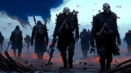 {{{Bio-engineered undead cyborg army marching}}} machine soldiers, hazmats, tactical wear, gas creepy landscape, techno gothic visual composition, science fiction painting, Denis Sarazhin, Alex Colville, Simon Stålenhag, Neil Blomkamp, Frank bowling, Christopher Shy, Alejandro Burdisio, RAW, gritty, high contrast, atmospheric horror art, gripping and suspenseful, vivid, neon overlay, narrative art, textured, dramatic, surreal horror, gestural, retro futuristic nightmarish art, apocalyptic art