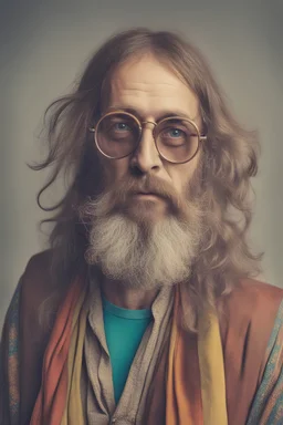 Hippie man with Parisian bohemian look and glasses of colours and poor hair on the head with receding hairline. Farsightedness glasses with big eyes. Long beard. Vintage look and feel like photos of the 70s