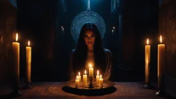 The Queen of Khauran woke to a bone-chilling silence in her palace, the candles extinguished mysteriously. A strange luminescence glowed in the darkness, expanding into a lurid light against the chamber's hangings. Within the radiant disk, a shadowed human head appeared, captivating her gaze. The darkness felt oppressive as she lay staring into the void, the starlight offering no comfort. Mesmerized by the spectral presence, she braced herself, dagger in hand, for the unknown entity's intentions