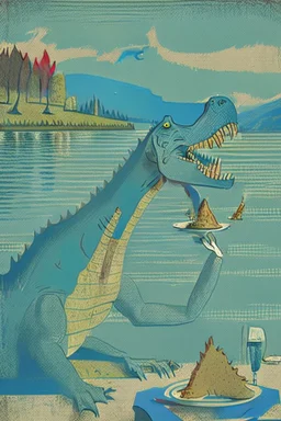 Eating a dinosaur by the lake in a Picasso style