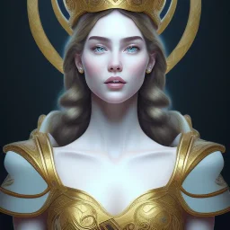 Disney Portrait of Greek Mythology Goddess Athena " with white elegant old greek apparel and Laurel crown.extremely detailed face, ,perfectly centered image,intricate detail.dark hair, sharp dark eyes, bright blue lighting, sarcastic smile, sharp focus hair. a Goddess of War trend on artstation