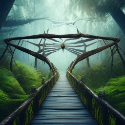 big spider web on wooden bridge in magical forest, spray painting, foliage frame, fantasy art , movie poster, Realistic photography, incredibly detailed, ultra high resolution, 8k, complex 3d render, cinema 4d, color corrected