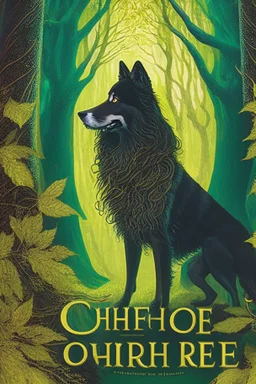 book cover, In the heart of a dense and enigmatic forest with towering ancient trees cloaked in emerald, yellow and amber foliage stood a witch possessing an ethereal allure her lustrous hair cascading in ebony waves down to her slender waist In the background a majestic canine of Belgian shepherd lineage roamed its eyes illuminated by an otherworldly crimson