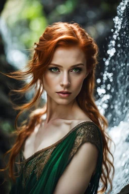 Close UP, delicate, cute, soft, skinny belly red haired Young lady, Green eyes , cave waterfall, medieval