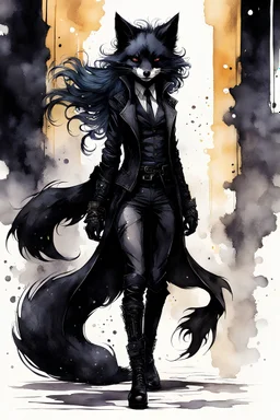 ink wash and watercolor full body concept illustration of an anthropomorphic, fanciful Black Fox, goth punk thief girl character with wildly flowing hair, ornately dressed with highly detailed feathers and facial features in the comic book style of Bill Sienkiewicz and Jean Giraud Moebius, with a fine art aesthetic, highly detailed , boldly inked, 4k UHD cinegraphic quality