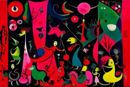 A magenta circus with fairies painted by Joan Miró