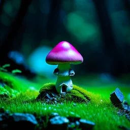 "Close up of a wonderful tiny Mushroom Tower home. green and magenta with bright white, deep black and contrasting tones of gray. Illuminated bioluminescent forest. Professional painter, master at composition. small but detailed. broken, blurred background, voluminous lighting"