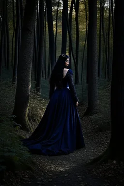 A princess in a dark indigo dress and very long black hair walks through a dark forest full of trees with her knight