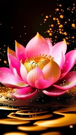 beautiful pink lotus flower in golden glitter milk wave splash