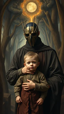 Hieronymus Bosch style , a man wearing zero’s mask holding his young son who is standing in front of him in romantic trajectories, 4k