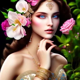 A beautiful veiled princess , beautiful portrait, flowery landscape