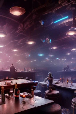 post-apocalyptic robots in a cyberpunk bar, realistic, intriacte detail, sci-fi fantasy style, volumetric lighting, particales,highly detailed, wide shot, cinamatic, Zack Snyder stlye, deep colours,