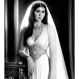 pltn style, beautiful photorealistic carrie fisher, hazered, jeweled veil, tall, slender, long hair, smooth, flawless skin, deep, mysterious eyes, white gown, intricate beading, sparkling jewels, diamonds, rubies, regal, dignified, graceful, fluid, ethereal quality, light steps, roses, jasmine scent, shimmering light, spirit, hope, joy, mortal, extraordinary beauty, charm, mystery, legend, fascination, cute big circular reflective eyes, Pixar render, unreal engine cinematic smooth, intricate