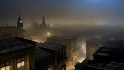 Imagine a picture of mid-18th century Cairo at night, with fog covering the city, crumbling French tiles, and ancient buildings.