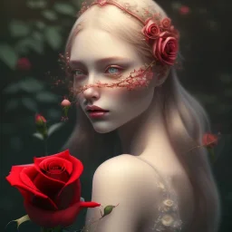 red roses beautiful girl,utra realistic,highly detailed, masterpiece, delicate detailed, sharp focus, insanely detailed, fantasy art, royalistic,elegant, fog, Special Lighting, Vibrant, color Scheme, forest, unreal engine, trending on artstation, ultra photoreal,high chaos --s 700