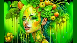 green background, Punk Woman 49 years old, hair made of Fruits, Grapes, tangerines, gold, gouache, watercolor, acrylic, paint drips, branches, fine drawing, golden makeup, bees, tattoo, alien, bright colors, fine drawing, double exposure , high detail, high resolution, 8K, 3D, bees,