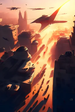 War of the Egyptian army in the streets of Cairo, inspired by science fiction, planes, kills, missiles, view from above, soldiers, beautiful sunrise, dense white clouds, atrophy, fantasy, concept art, 8k resolution, masterpiece inlaid with permanent, red