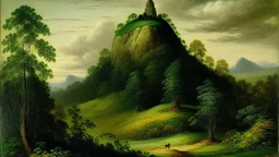 A green mountain with trees and moles designed in German folk art painted by George Inness