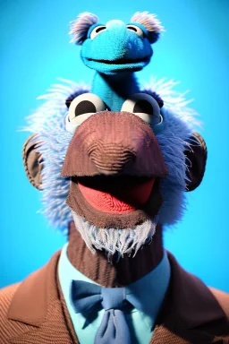 Waist up muppet Portrait, joe Biden as muppet doll, Blue suit retro style, photo studio, blue background, unreal engine 5, concept art, art station, god lights, ray tracing, RTX, lumen lighting, ultra detail, volumetric lighting, 3d.