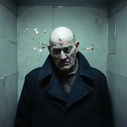very grainy discolored photo, portrait, dark sewer with no light, grunge, 2000s Russia, punk, outcast, rough, confident, bald older male wearing a coat, extremely pale skin, large flesh bulbs grow out of his face and covering a lot of it, face is disproportionally deformed, hunchback, sewer dweller