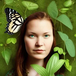 Generates high quality portraits of women covered in various plants, surrounded by forest and butterflies.