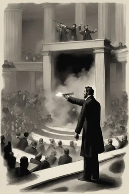 Create a powerful visual representation of the moment Booth fires a single shot into the back of Abraham Lincoln's head. Convey the shock and chaos among the audience as the gunshot reverberates through the theater