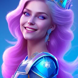 A portrait of a full body crystalised blue pink queen,smiling face, blue eyes, long blond hair, atmospheric, realistic, unreal engine, lighting