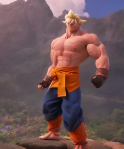 Goku, avatar style, fighting pose, muscular body, shirtless, volumetric details, hyper realism, unreal engine 5