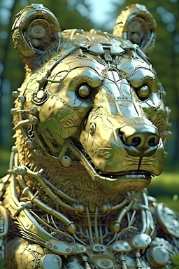 3D Portrait of a realistic natural cyborg bear in natural colour in nature background