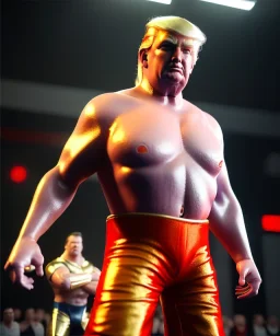 Donald trump wrestler, wrestling, lights cam, red breeches, suspenders, retro style, 80s, hot ambient, photo studio, gold, vibrant color, gradient, highly detailed, art stations, concept art, smooth, unreal engine 5, god rays, ray tracing, RTX, lumen lighting, ultra detail, volumetric lighting, 3d, finely drawn, high definition, high resolution.