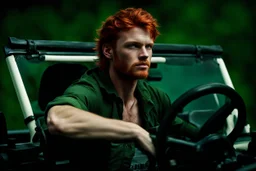 Photograph of a young rugged looking male with red hair and green eyes sitting in the drivers seat of a jeep close up photo realistic