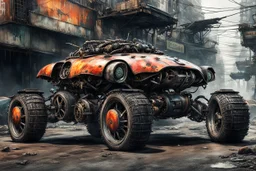 A car that's a hybrid between a organic crab and a mecanic tank, robotic, ready for battle, worn-out, with large rims and tires, fully mechanical, on a street in post-apocalyptic cities.