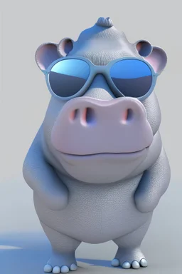 A cartoon character in Disney style with a funny perfect detailed realistic gray hippo, rosy cheeks , put a sun glass, 8k, white paper background ,3d