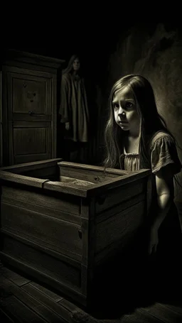 The picture reflects an atmosphere of mystery and horror, in which the Cursed old box appears as if emitting an incomprehensible danger. Darkness creeps around the wooden box, which stands quietly in the dark corner inside the "lost ghosts"store. Emma, a young girl with curious eyes, watches the box with obvious anticipation, and on her face reflects surprise and wonder. The light mixed between the enchanting shades enhances the appearance of the box, giving the scene a mysterious and exciting a