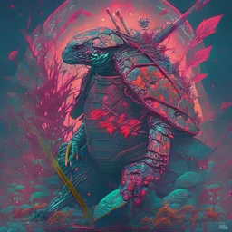 turtle samurai, iridescent, blood, futuristic, guts, wildflower, cosmic, intricate, darkred tones,sidhe, ominous, nature, plants,