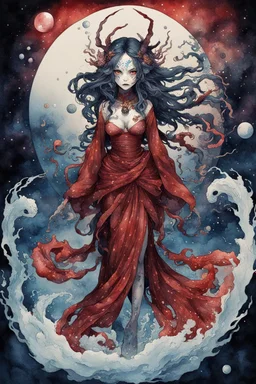 Demon girl wizard behind, cosmic horror, nightmare, galaxy in eyes with dread, truth, alien underwater, fullbody, watercolor illustration by <Katsushika Hokusai>, darkred tones,