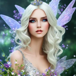 Fantasy fairy with transparent wings, smiling, make up, long platinum blond hair with crown and flowers, blue dress, flowering background