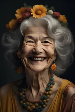 portrait a east Queen with smile on her face，a flower in her hand ，her hair should be short，her age is above 50