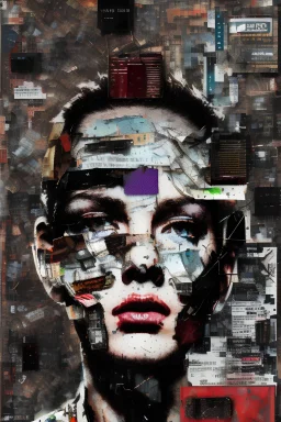 Ultra detailed medium portrait painting of anxiety , torn up collage of clippings, broken circuitry background, matrix effects, punk visual art, punk art aesthetic, graffiti art, pop surrealism, collage art, cluttered paint glitches