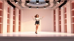 modern stage with a pretty lady in modern clothing dancing, 3D recursive structure animating background