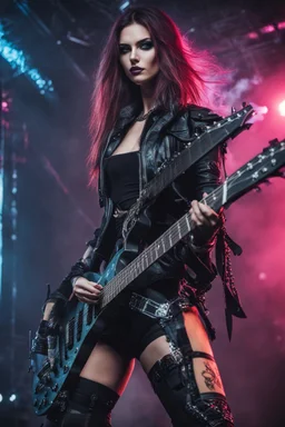 Beautiful super model European woman cyberpunk rocker who plays guitar heavy metal music,stage music concert background