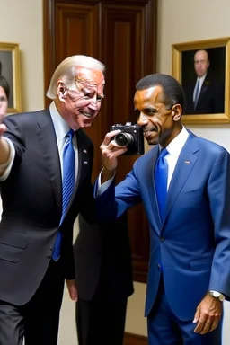 Obama showing with Joe Biden with richard nixon taking a picture.