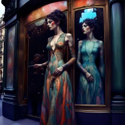 full body painting, woman looking in a shop window on the Champs Elysees and seeing a reflection of herself with colorful makeup, artstartion trending, artstation trending, painting by android jones, mucha klimt and tom bagshaw, karol bak style, great digital illustration, female art, trend on artsatio, patchwork doll, juxtapoz aesthetics, beautiful fantasy portrait, Tom Bagshaw Donato Giancola