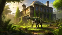 An Abelisaurus in front of a ruined steel building. The building is overgrown with vegetation, and the dinosaur is standing in a swampy area in front of it. It is large and has a long tail. Its mouth is open, revealing its teeth. The sun is shining brightly, and light filters through the trees. The artwork is realistic, and the colors are muted. The overall effect is one of decay and ruin.