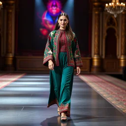 A full-body shot of a beautiful lady wearing azeri folk jacket and pants walking on a nice stage and looking at the camera