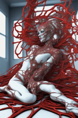 arafed woman laying on the ground with a red net, fractal veins. cyborg, mind-bending digital art, intricate transhuman, cybernetic demon dreaming, fractal veins. dragon cyborg, 3d render digital art, intricate 3 d illustration, intricate artwork. octane render, 3 d neon art of a womens body, digital art render