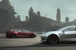 A Tesla 'Model S' is racing at top speed, in the 'Cloud City' of Bespin. CINEMATIC. WIDE ANGLE LENS. PHOTO REAL.