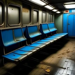 Très Vieux wagon de métro, sièges usés , linoléum bleu au sol, usé
