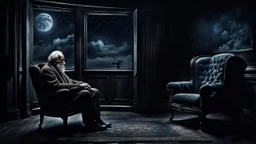 Melancholy theme picture. sometimes tha man at night stares out into the cold space, and something hurts the heart, something big thing miss. old man sitting in old armchair at home and looks into nothingness, melancholic mood, meaning of life, dark night, with two fade stars, detailed, gloomy, and surreal vibe. dark colors, cinematic