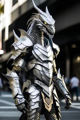 Humanoid silver dragon wearing light armor in the streets